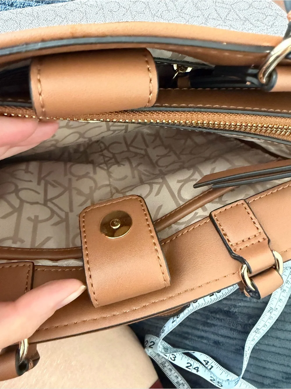 Calvin Klein Tan and Cream Signature Satchel with Shoulder Strap